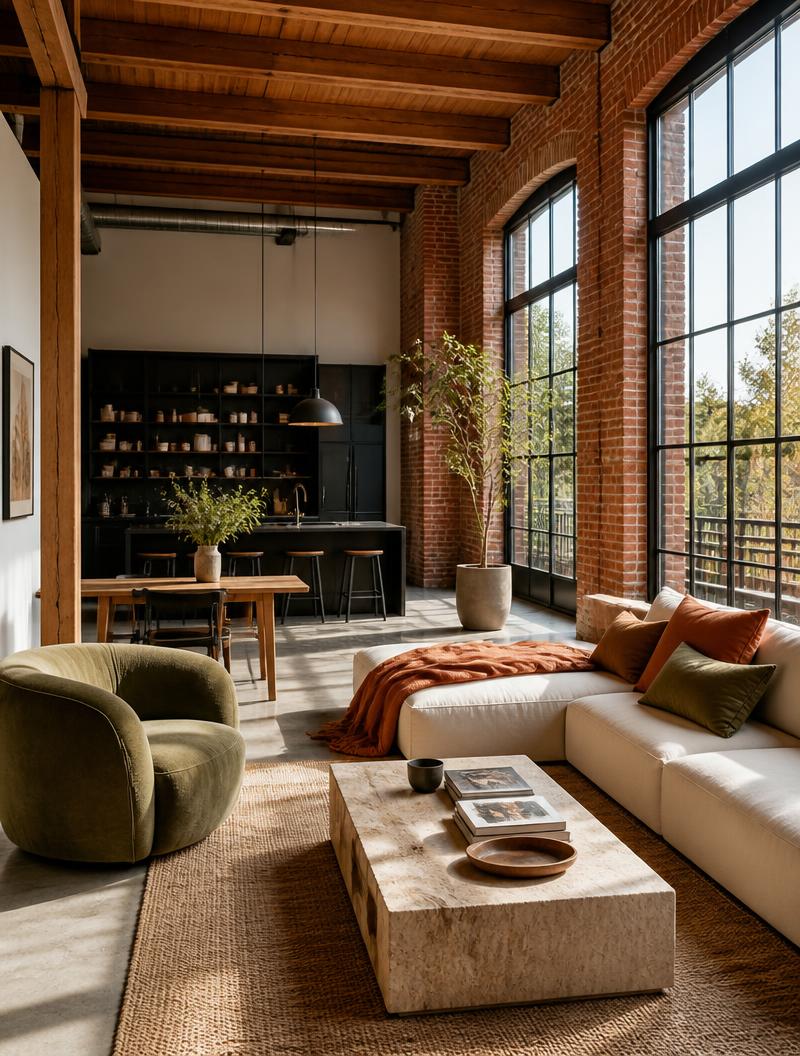 Loft warehouse apartment with brick walls and tall steel windows