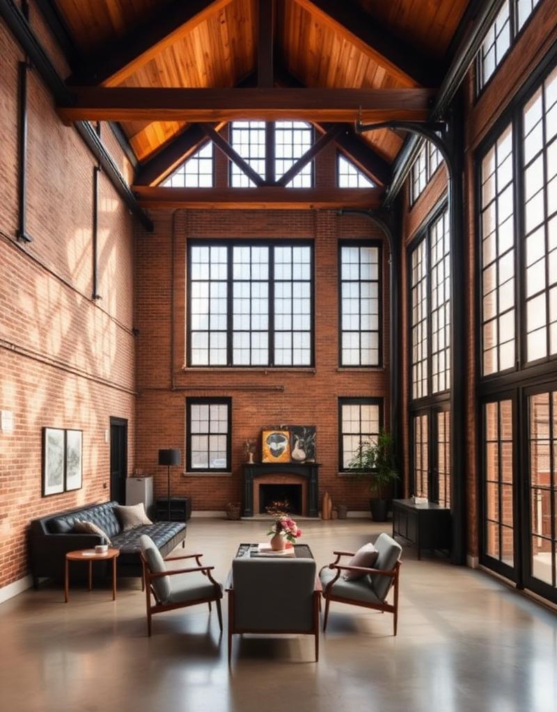 Restored industrial loft with brick walls and timber beams
