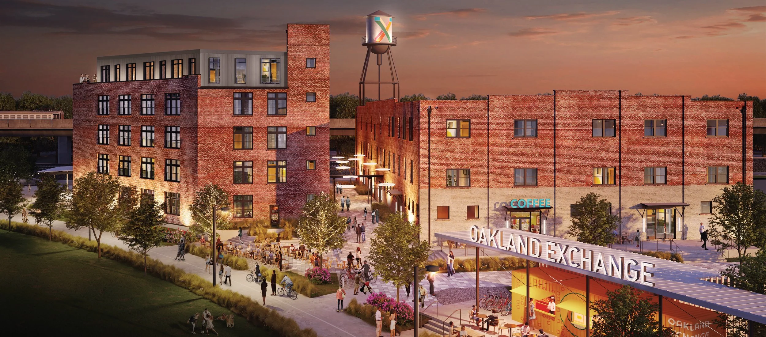 Rendering of Oakland Exchange's restored brick buildings along the BeltLine